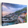 Large canvas print depicting a serene Korean landscape in muted green and blue tones, suitable for kitchen wall art.