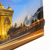 Large abstract wall art depicting a Laos scenery in muted earth tones on acrylic glass, ideal for dining room ambiance.