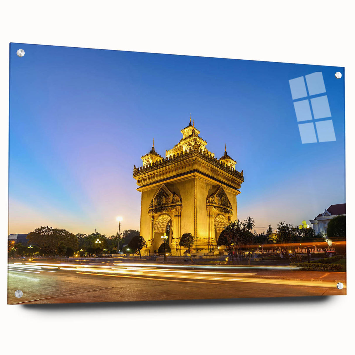 Acrylic glass print of a Laos scenery in muted earth tones, suitable for bedroom or dining room decor.