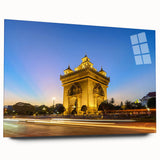 Large abstract wall art featuring serene Laos scenery in muted greens and blues on acrylic glass.