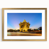 Extra large abstract art print featuring a textured scenery of Laos in muted earth tones, framed in gold.