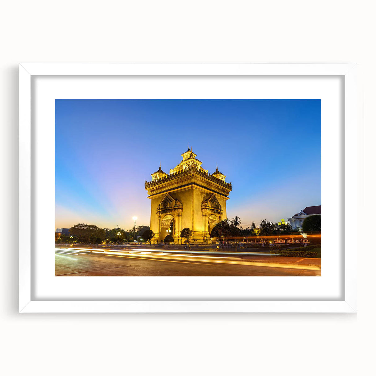 Abstract art print of a Laos scenery in muted earth tones on a white framed mat, suitable for bedroom or dining room decor.