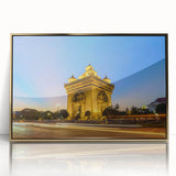 Mid-century modernist Laos scenery in vibrant green and gold tones, framed acrylic print, suitable for modern art wall decor.