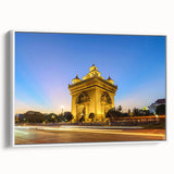 Extra large framed canvas featuring vintage poster art of a Laos scenery in vibrant colors, ideal for living room decor.
