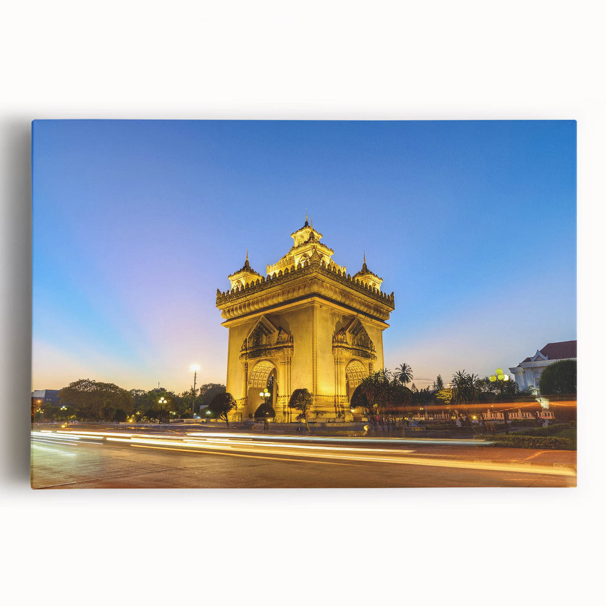 Black and white photograph of a serene Laos landscape on large stretched canvas, ideal for kitchen art.