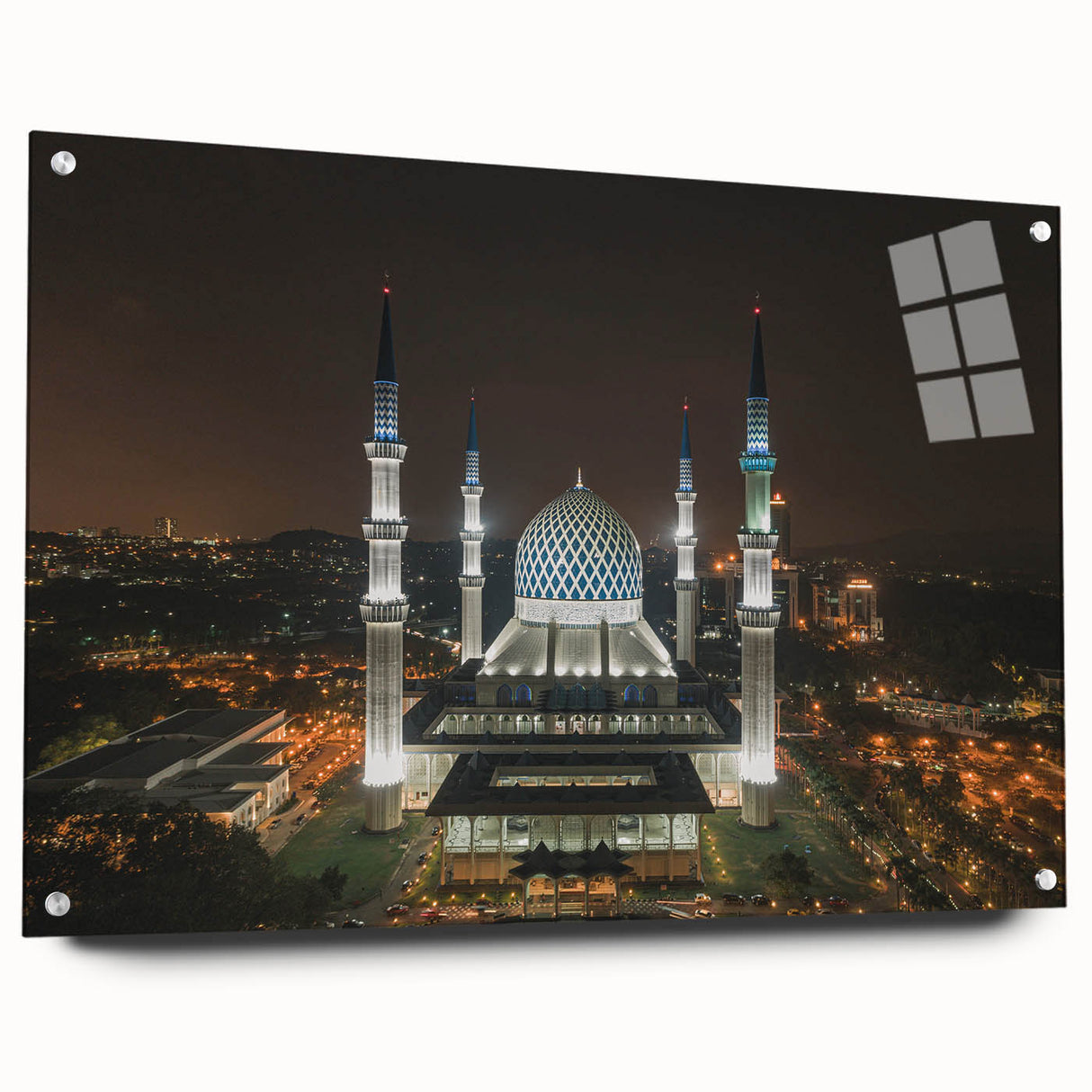Large abstract wall art depicting a Malaysian landscape in vibrant green and blue tones on acrylic glass.