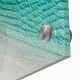 Large abstract wall art featuring a serene Maldivian scenery in muted blue and green tones on acrylic glass.