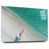 Large abstract wall art depicting a serene Maldives beach scene in soft blue and white tones on acrylic glass.