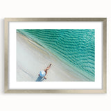 Textured abstract art print of Maldives scenery in silver frame, ideal for bedroom art, featuring cool blue and green tones.