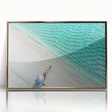 Large art print of a serene Maldives beach scene in pastel shades on framed acrylic, suitable for modern art wall decor.