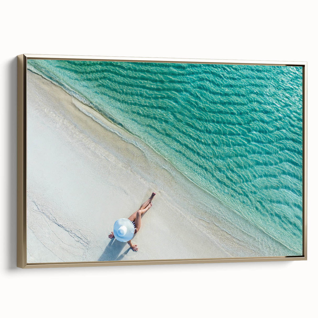 Framed canvas depicting a serene Maldivian landscape, with muted blue and green tones, ideal for bedroom wall art.