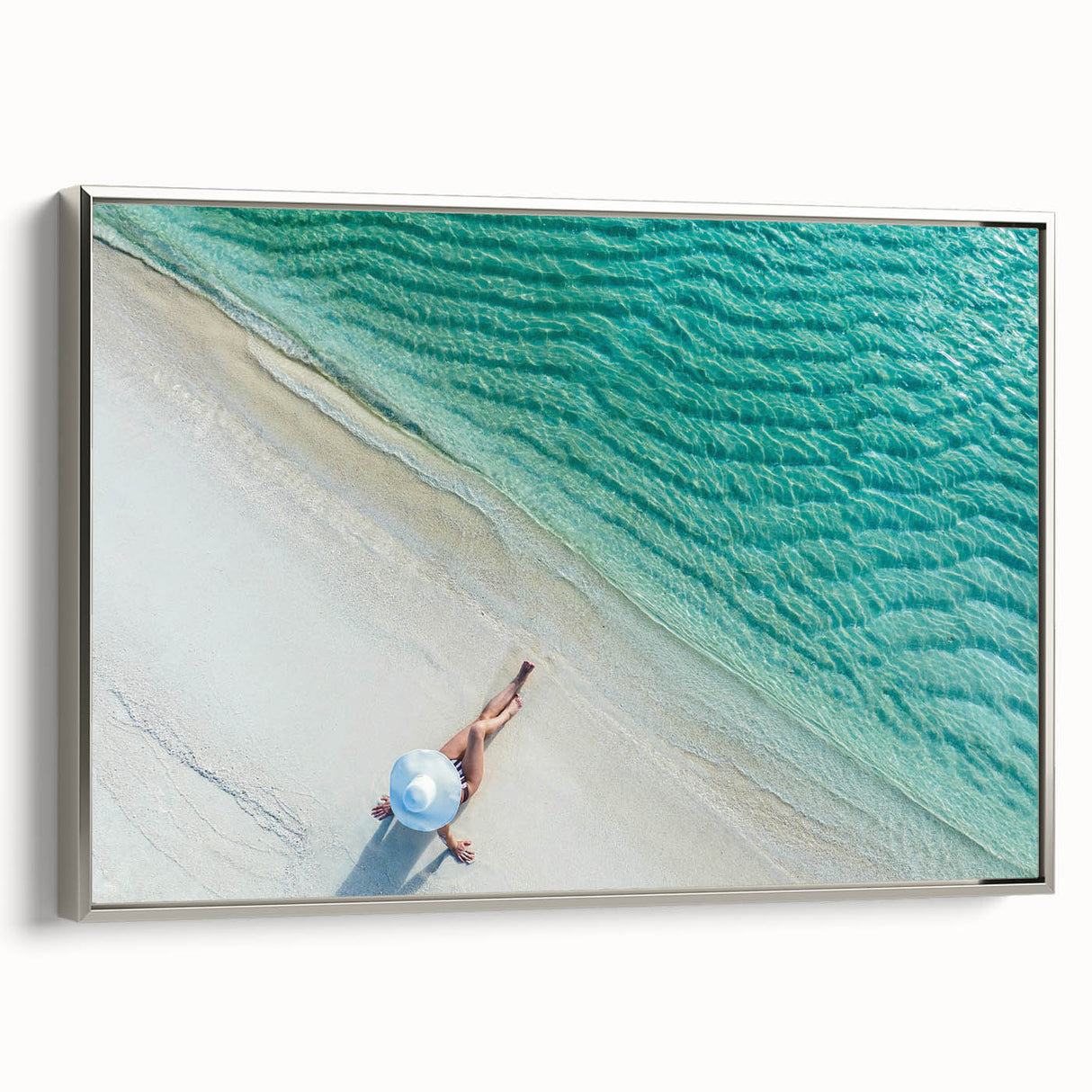 Landscape art painting of the Maldives with vibrant blue and green tones on a framed canvas, ideal for living room decor.