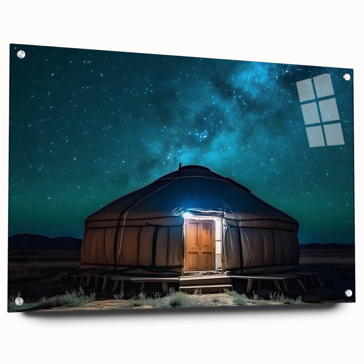 Large abstract wall art depicting a Mongolian landscape on acrylic glass, suitable for bedroom or dining room decor.