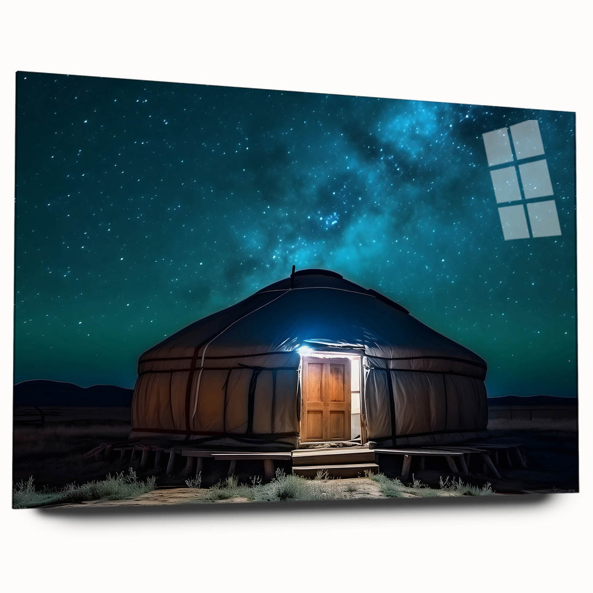 Large abstract acrylic print of a Mongolian landscape in muted earth tones, ideal for bedroom or dining room decor.