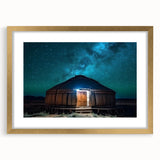 Extra large abstract art print of a Mongolian landscape in textured gold frame, ideal for living room decor.
