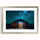 Textured abstract art print depicting a Mongolian landscape in muted earth tones on a framed silver mat.