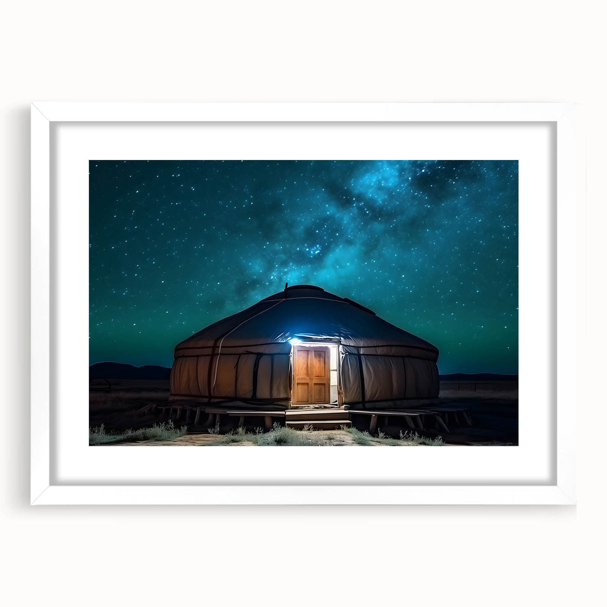 Abstract art print of a Mongolian landscape in muted earth tones on a framed white mat, ideal for dining room decor.