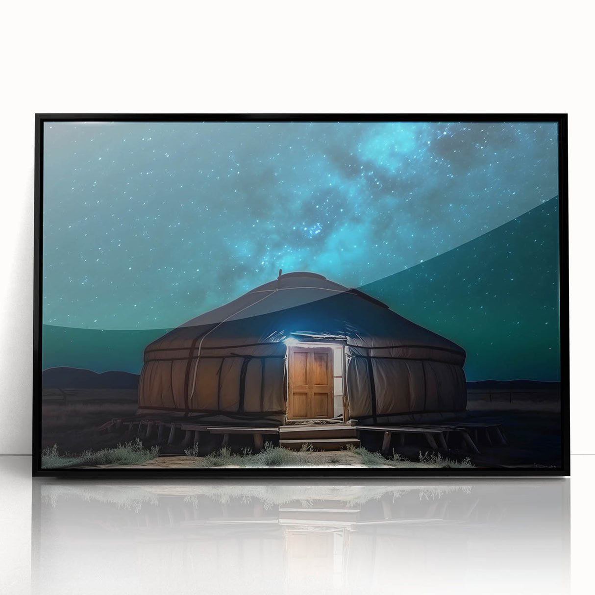 Large abstract wall art depicting a Mongolian landscape in muted earth tones on a framed acrylic print.