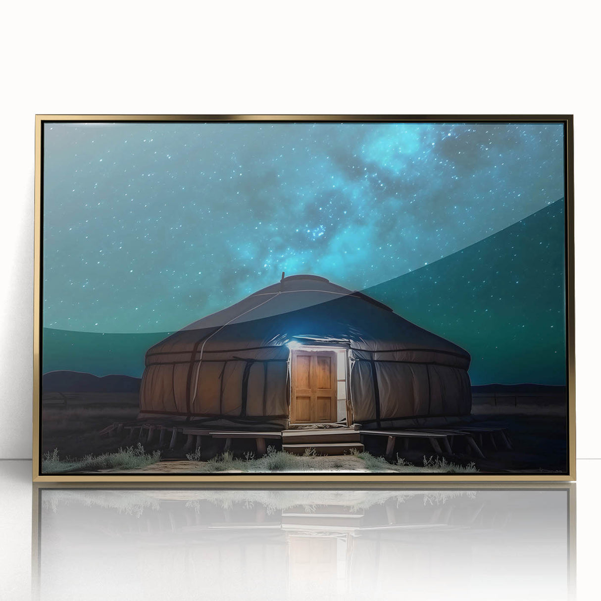 Large art print of a Mongolian landscape in gold tones on framed acrylic, suitable for modern art wall decor.