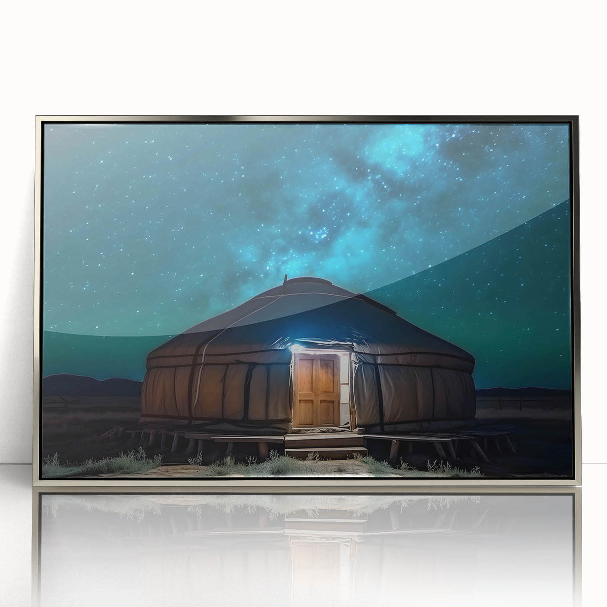 Mid-century modernist art featuring a Mongolian landscape in muted earth tones on a framed acrylic print.