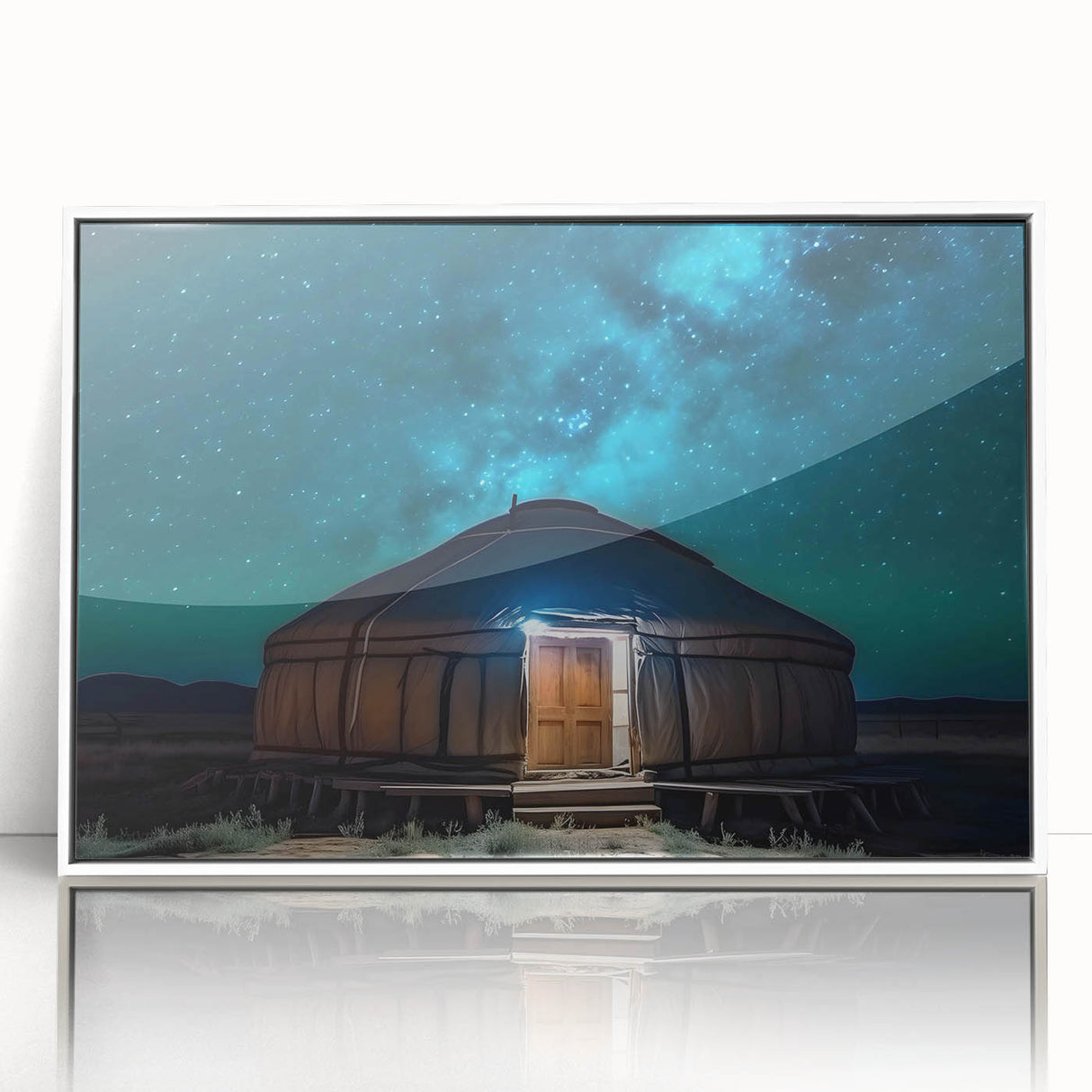 Acrylic print of a Mongolian landscape in muted earth tones, framed in white.