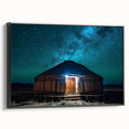 Framed canvas featuring a black and white landscape painting of the Mongolian countryside, ideal for bedroom wall art.