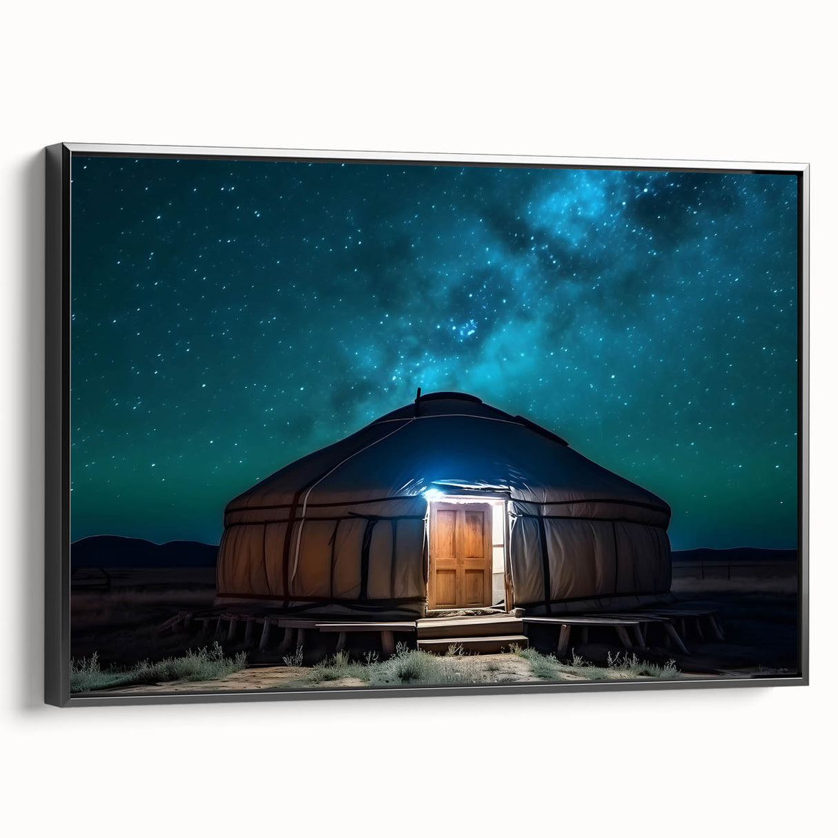 Framed canvas featuring a black and white landscape painting of the Mongolian countryside, ideal for bedroom wall art.