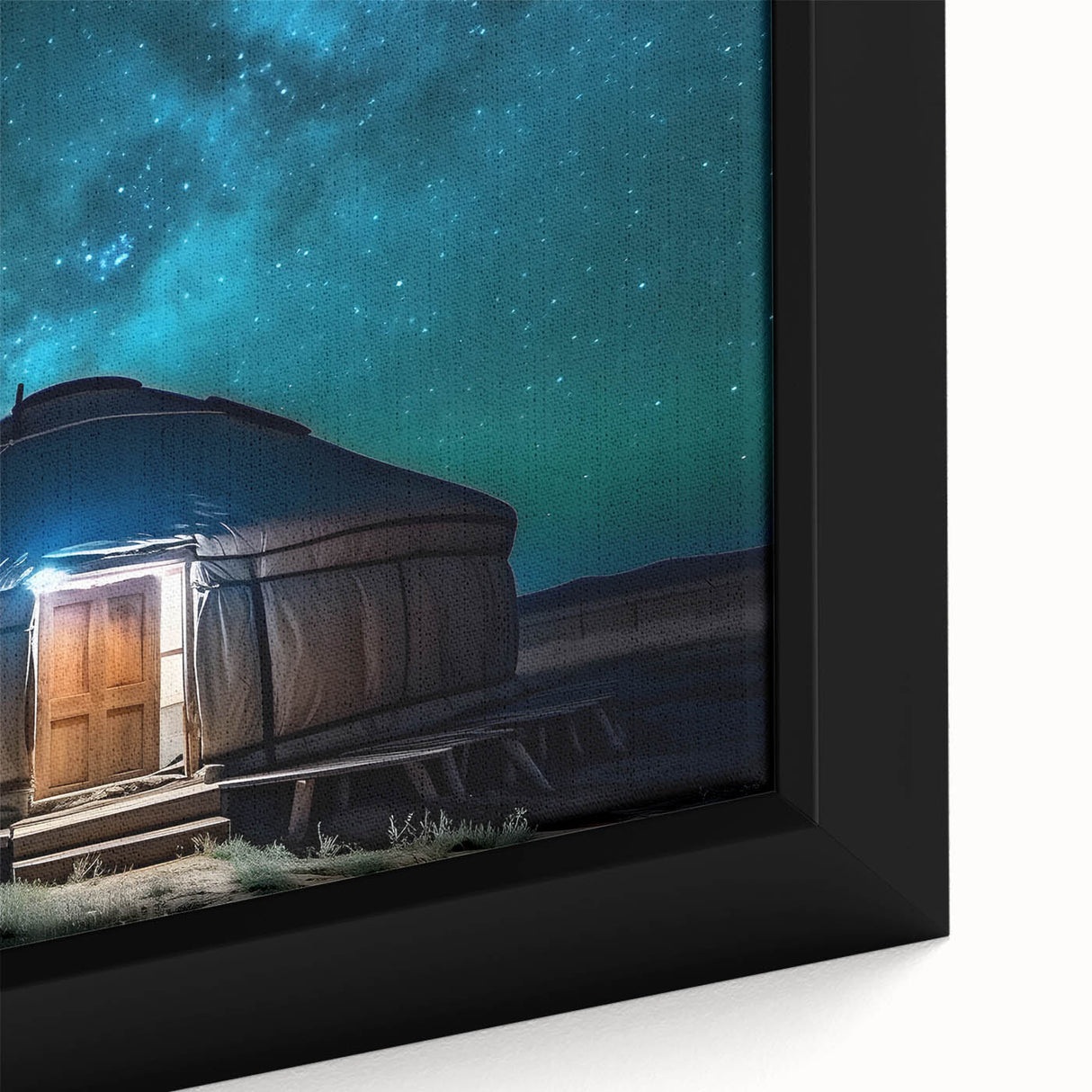Extra large framed canvas featuring a textured, colorful Mongolian landscape in black, ideal for living room decor.