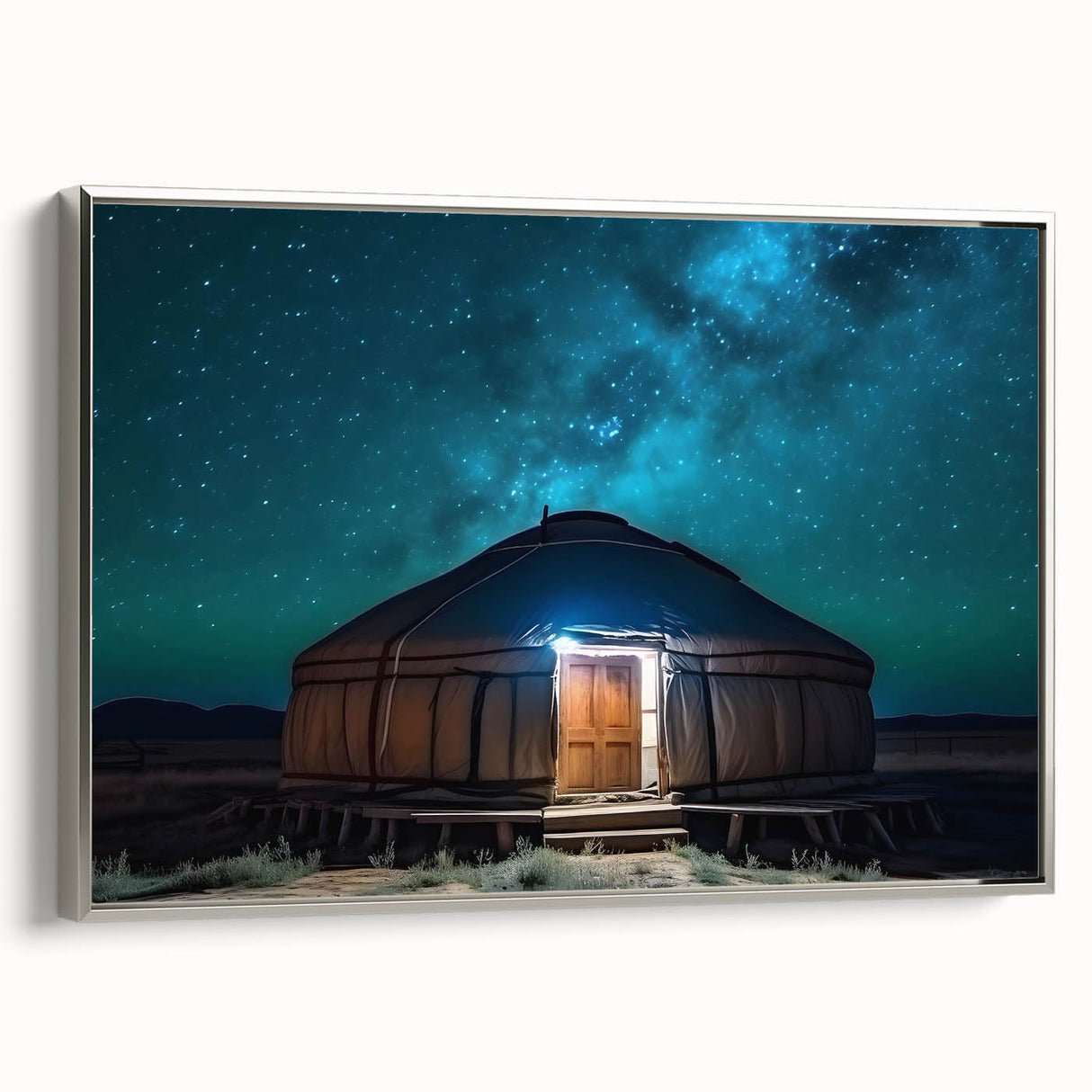 Landscape art painting of a Mongolian scenery on framed canvas, featuring vibrant colors and vintage poster style.