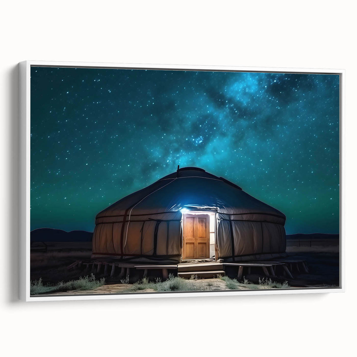 Vintage poster art of a Mongolian landscape on framed canvas, featuring vibrant colors, ideal for living room decor.