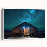 Vintage poster art of a Mongolian landscape on framed canvas, featuring vibrant colors, ideal for living room decor.