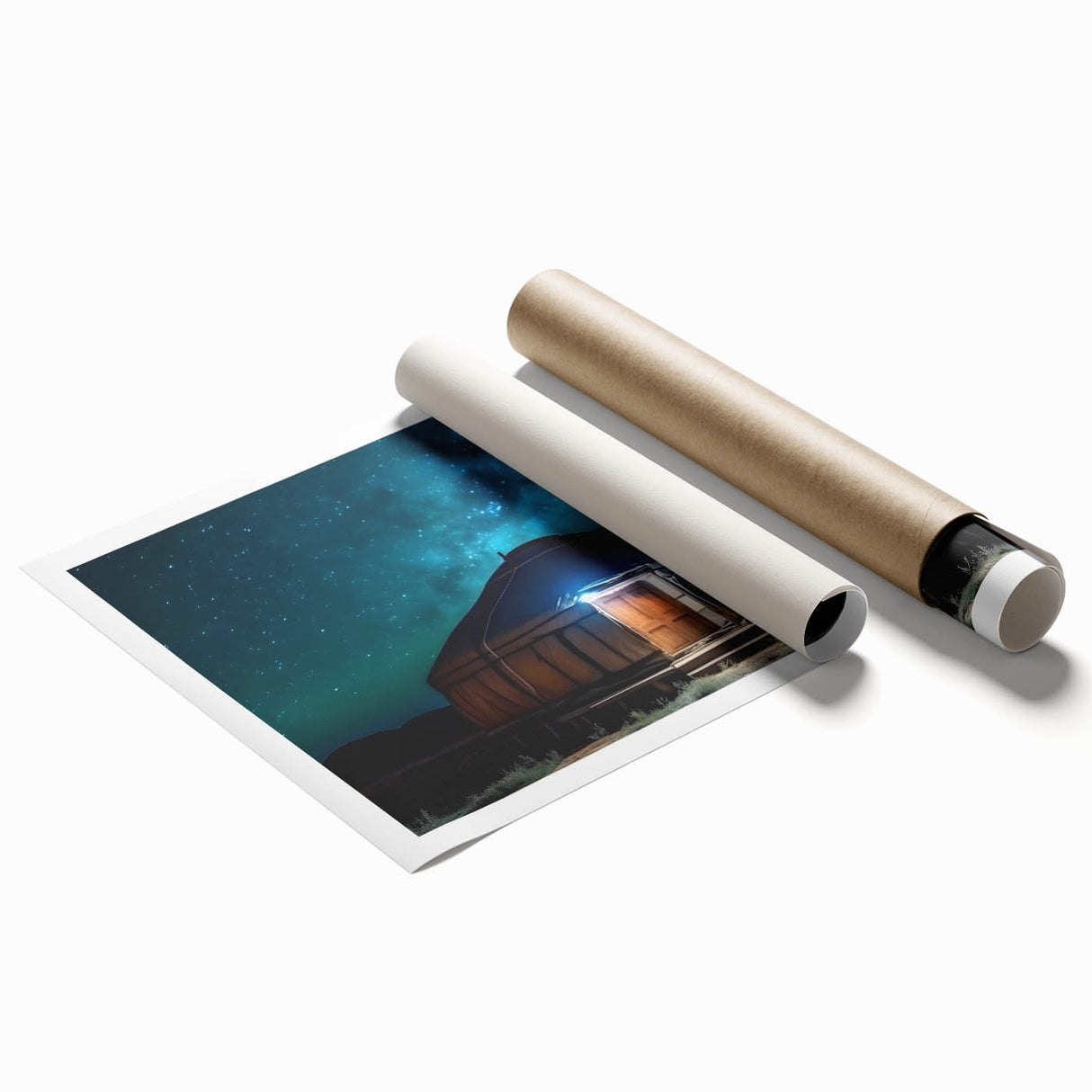 Extra large rolled canvas print featuring a tranquil Mongolian landscape with soft floral elements.