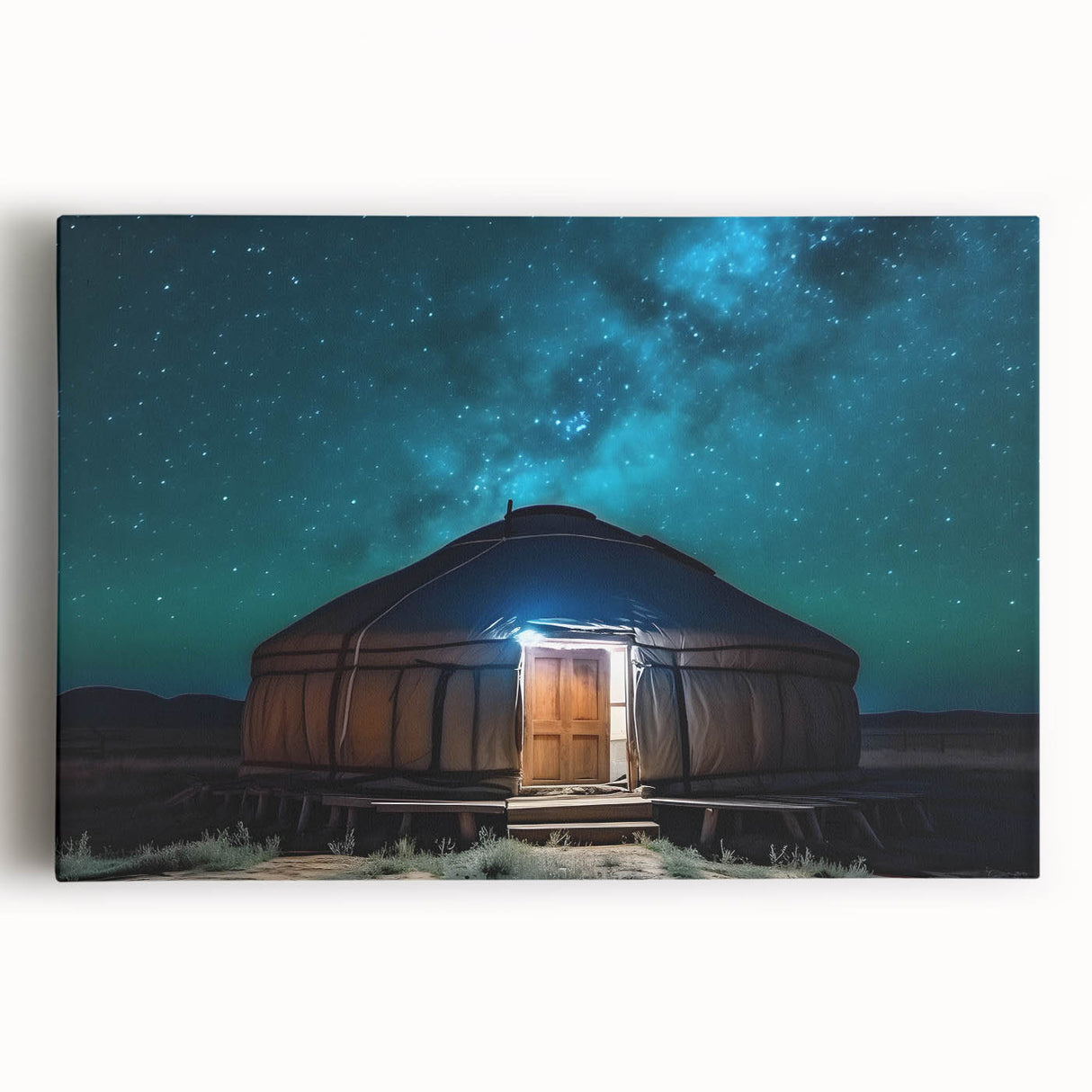 Large black and white stretched canvas featuring a Mongolian landscape, suitable as kitchen wall art.