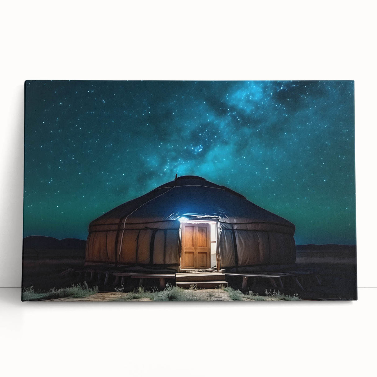 Black and white photograph of a Mongolian landscape on stretched canvas, ideal for kitchen wall art or bedroom ambiance.