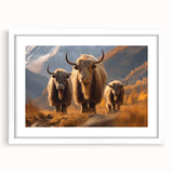 Abstract art print of a Nepalese landscape in muted earth tones, framed with a white mat, ideal for dining room decor.