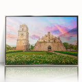 Mid-century modernist art depicting a serene Philippine landscape in pastel shades, framed in acrylic.