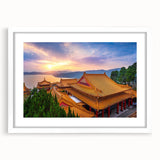 Abstract art print of a Taiwan scenery in muted earth tones on a framed white mat, ideal for dining room decor.