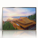 Mid-century modernist art depicting Taiwan scenery in muted earth tones on a silver-framed acrylic print.