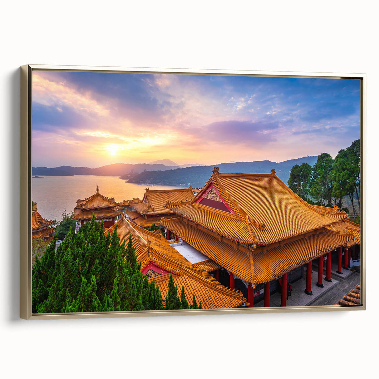 Framed canvas wall art depicting a vintage-style Taiwanese landscape in muted gold and black tones.