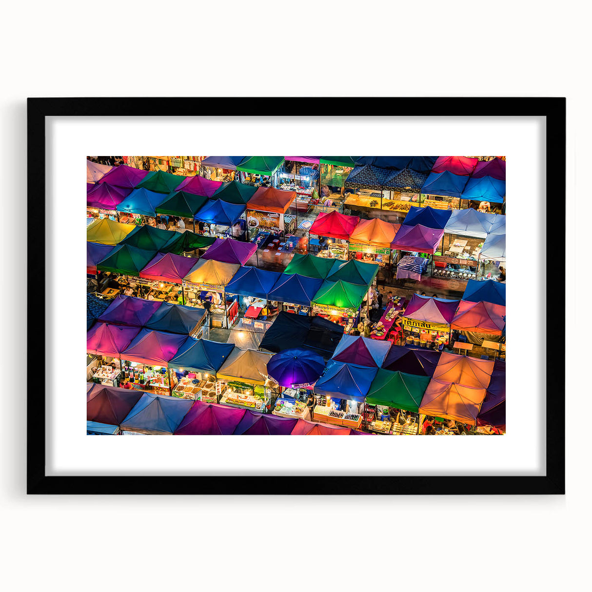Extra large abstract art print of a colorful, textured scenery depicting Asia, framed in black, ideal for living room decor.