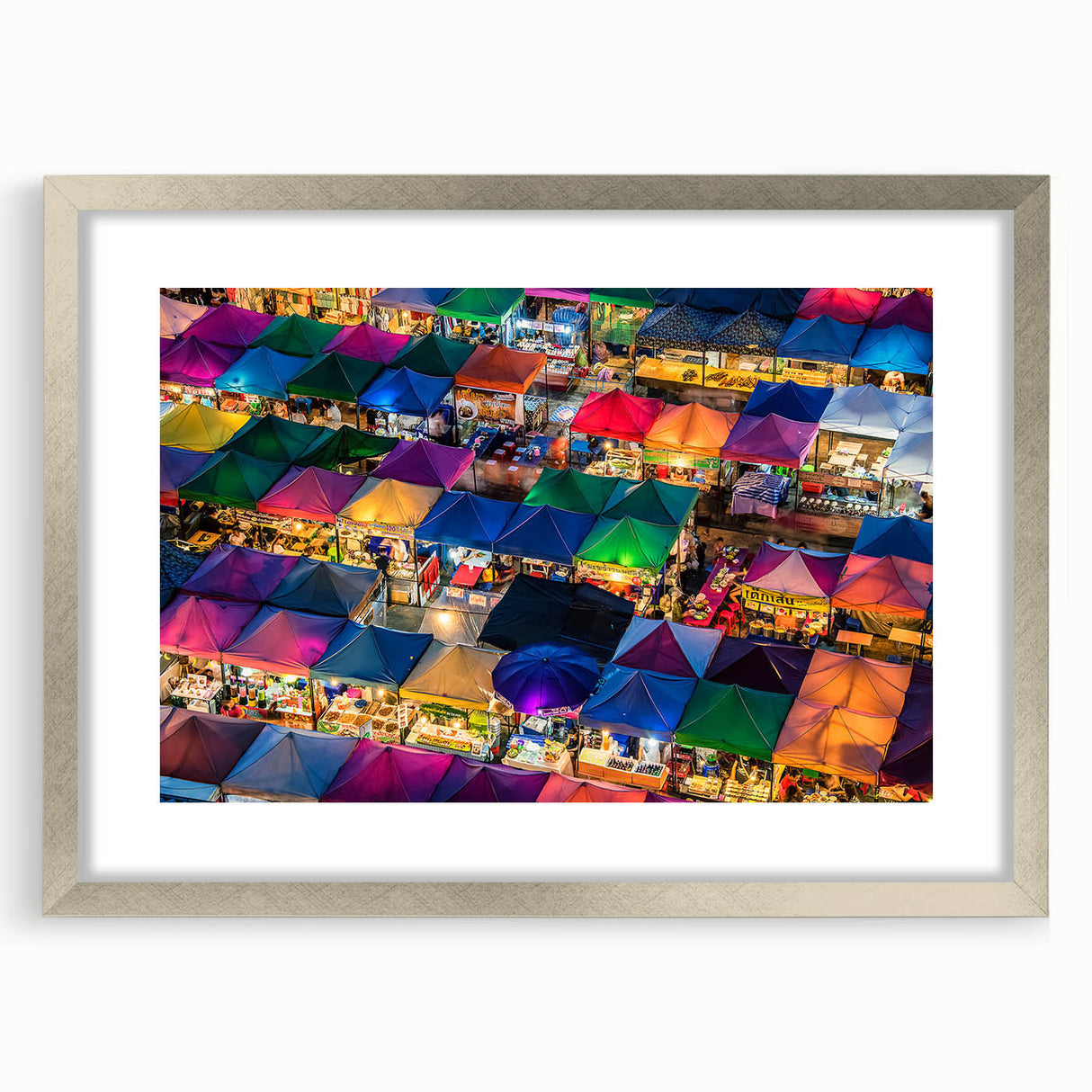 Textured art print of an abstract Thai scenery in muted earth tones, framed in silver, ideal for bedroom decor.