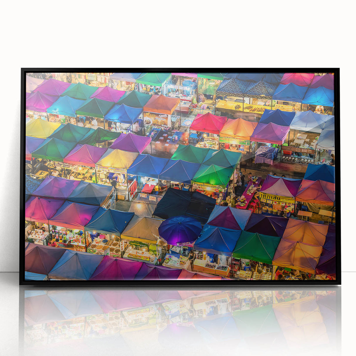 Large abstract wall art depicting a serene Thai landscape in muted earth tones, framed in black acrylic.
