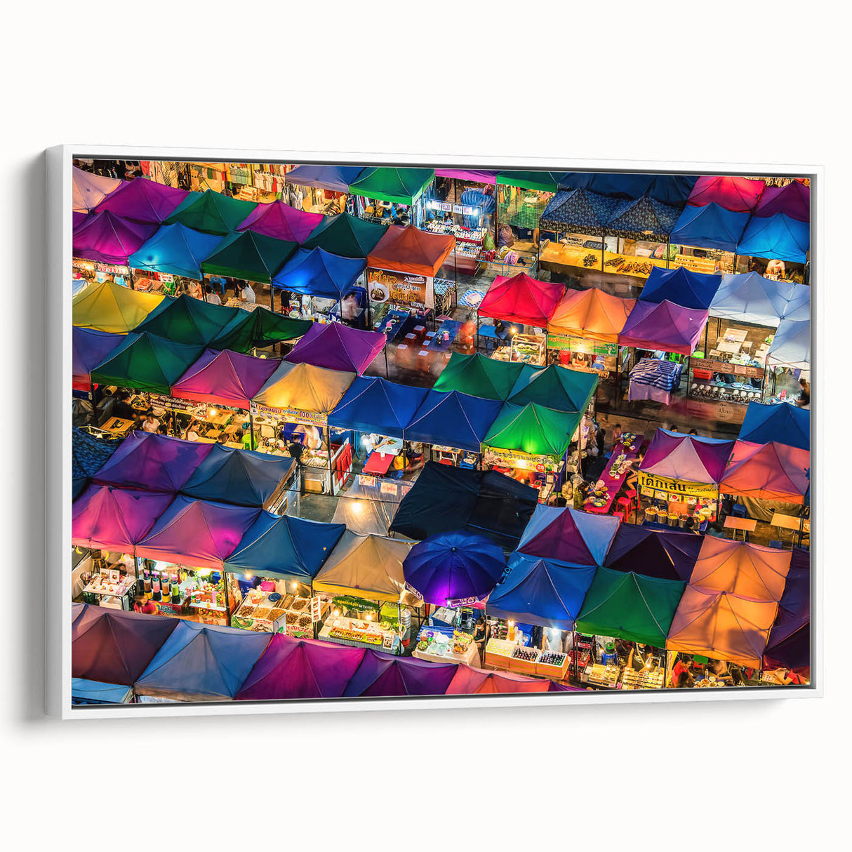 Vintage poster art of a Thai scenery in vibrant colors on a large framed canvas, ideal for living room decor.