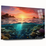 Acrylic print of the Great Barrier Reef in vivid blue and green tones, suitable for bedroom or dining room decor.