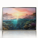Modern art wall decor featuring a vibrant depiction of the Great Barrier Reef on a silver-framed acrylic print.