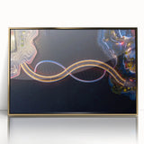 Mid-century modernist art of Perth skyline in muted gold and blue tones on a framed acrylic print.