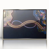 Art deco poster of Perth skyline in silver acrylic frame, featuring cool blue and gray hues, ideal for modern art wall decor.