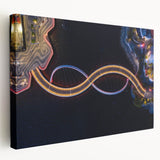 Side view of a stretched canvas depicting the Perth, Australia skyline in muted blue and gray tones.