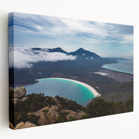 Large art depicting a Tasmanian landscape on stretched canvas, featuring muted earth tones, ideal for kitchen wall art.