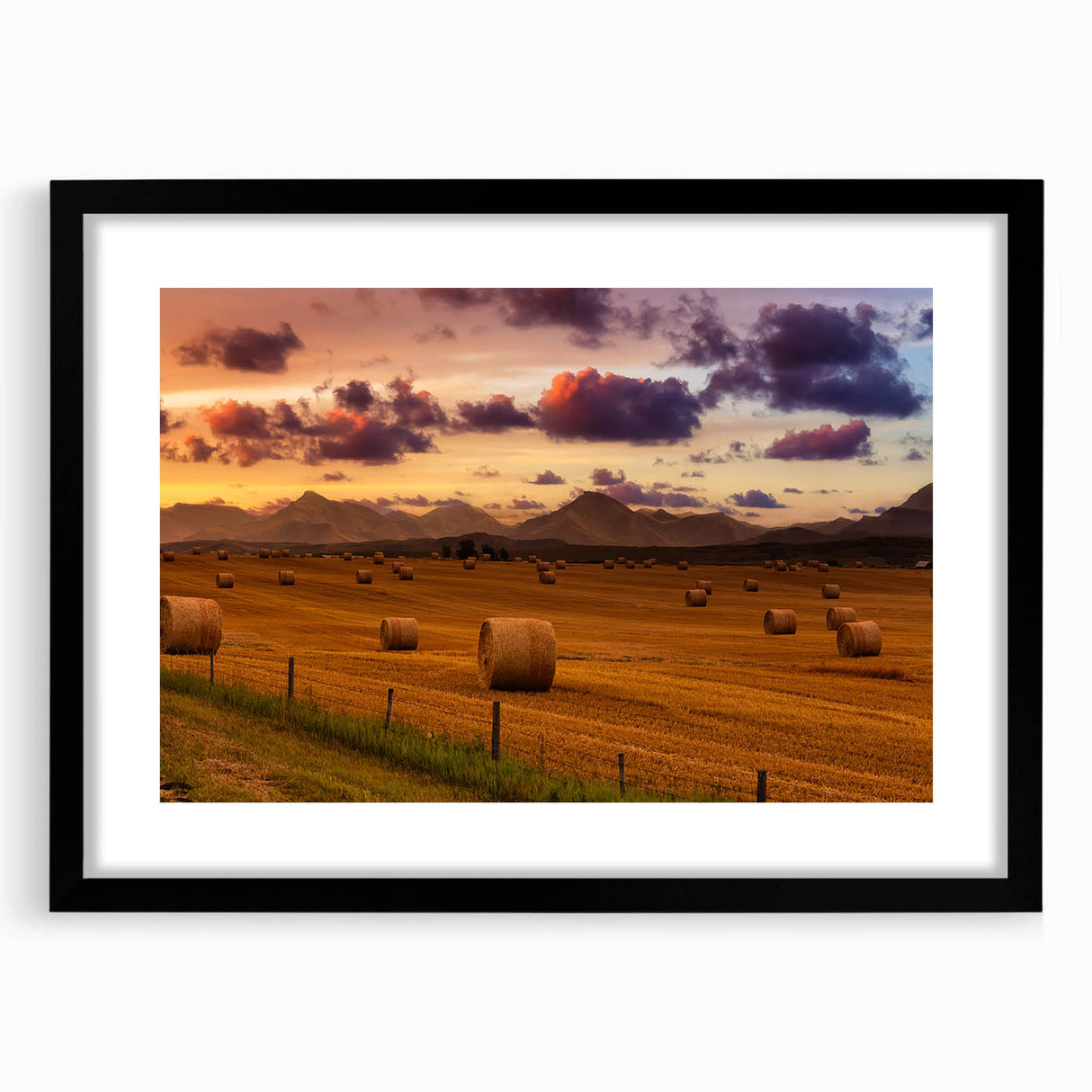 Extra large abstract art print depicting vibrant, textured scenery of Alberta, Canada on a framed black mat.